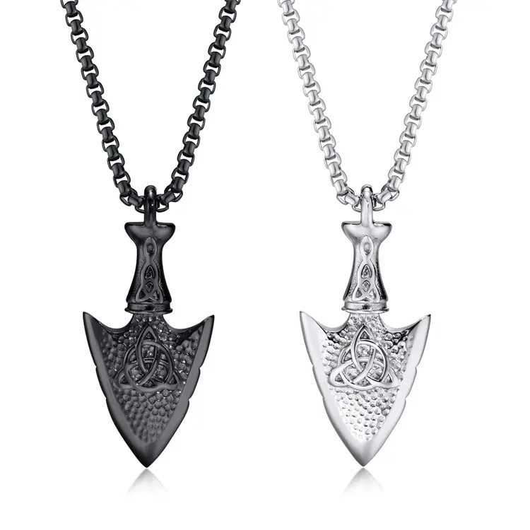Vintage stainless steel jewelry black celtic knot arrow charm necklace men