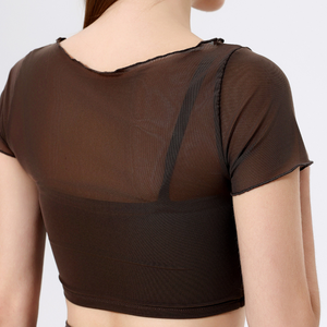 Wholesale Women's Mesh <b>Sheer</b> Yoga Crop Top 2 in 1 Short Sleeve Built-in <b>Bra</b> Workout Shirt Breathable Slim Fit Activewear - Product Image 4