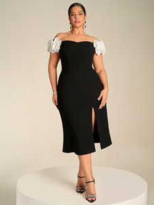 Robe de soirée élégante pour femmes grandes tailles, épaules dénudées, manches courtes en forme de pétales, dos nu, taille cintrée, robe moulante <span class=keywords><strong>mi</strong></span>-longue avec fente latérale - Product Image 4