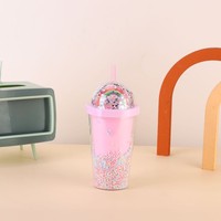 Vaso de Plástico Reutilizable de Doble Pared de 450ml, Estilo Minimalista, Color Sólido Macaron, con Tapa de Confeti Iridiscente y Popote Antiderrames