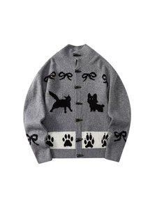 Premium Grey Cute Black <strong>Cat</strong> and Bow Element Thick <strong>Cardigan</strong> for Women with Horn Buttons Autumn - Product Image 3