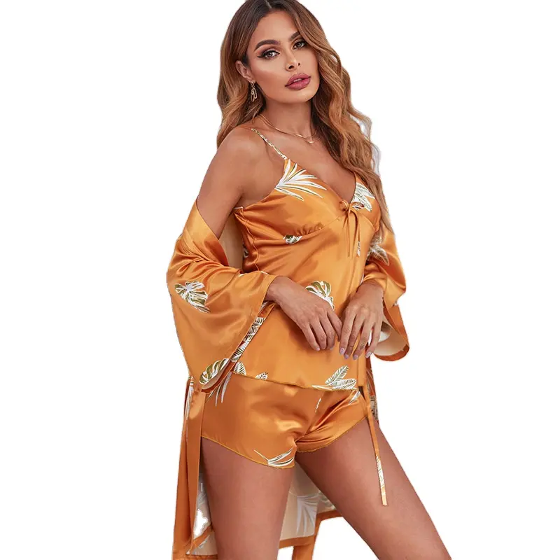 Hoge Kwaliteit Elegante Mouw Vrouwen 3 Pcs Set Pyjama Vrouwen Satijn Sexy Nachtkleding Korte Sets Vrouwen Jurken Nighty