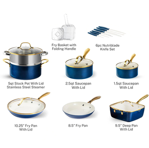 Ensemble de casseroles en céramique antiadhésives modernes, 13 pièces, avec couvercles en verre et finition bleue, pour cuisinières à gaz et à induction - Product Image 2