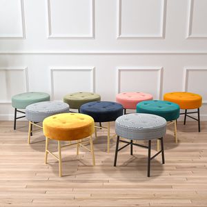 Tabouret rond moderne capitonné avec boutons, tabouret d'appoint avec pieds en bois et pieds en métal, <span class=keywords><strong>pouf</strong></span> en tissu pour salon, chambre à coucher - Product Image 1