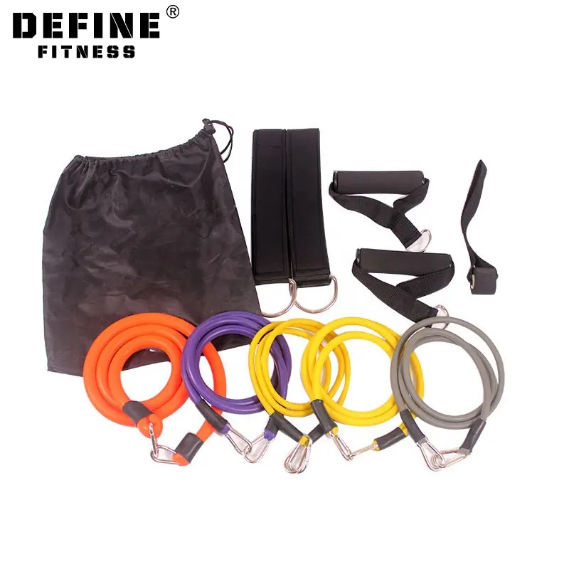 Define fitness 11pcs latex 100lb 150lbs long tpe fitness resistance tube band exercise set