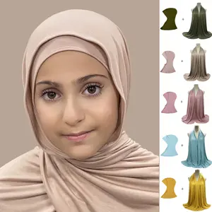批发头巾素面披肩莫代尔穆斯林女性围巾，搭配脖子底盖2件套棉质运动衫头巾套装