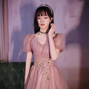 Evening Dress V-Neck A-Line Chiffon Candy Color With Sequin Embellishment For Graduation Art Exam Performance Bridesmaid - Product Image 1