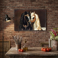Peinture Murale de Luxe Chevaux Jumeaux Noirs et Blancs Incrustés de Strass en Cristal, Portrait Animalier, Décoration Murale pour Maison et Hôtel