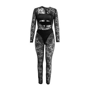 Yüksek kaliteli seksi oyma dantel uzun kollu örgü tulum kadın See Through - Product Image 4