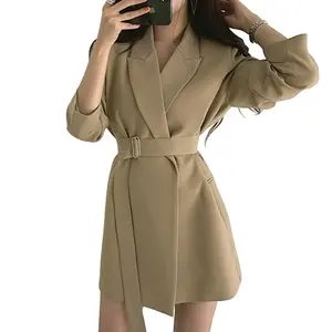 Vintage Women Lace Up Blazer Top Long Sleeve Lapel Collar Long Coat Spring Autumn Lady Slim Casual Suit Coat