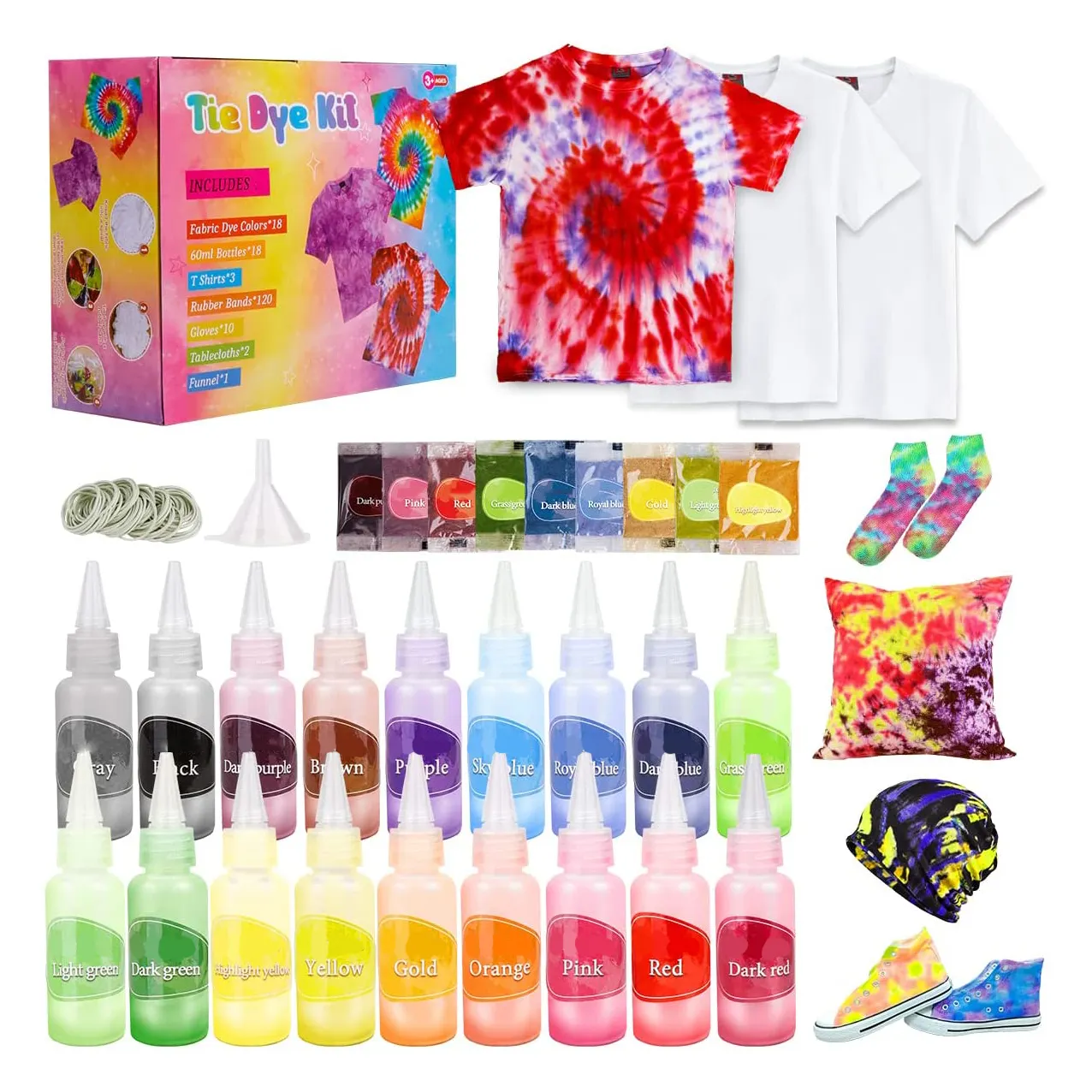 Tie Dye Kit 18 colori Tie Dye Set con 3 magliette bianche e calzini Tie Dye Craft Set per bambini artigianato Kit per bambini regali di compleanno