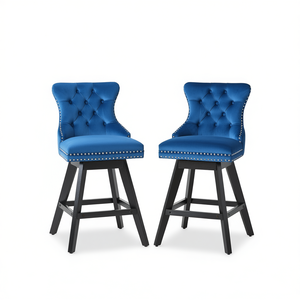 Set di 2 Sgabelli da Bar in Velluto con Gambe in Legno, Girevoli e Imbottiti, Design Moderno Blu - Product Image 1