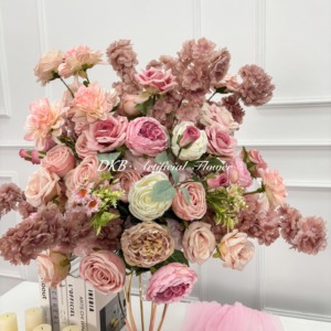 Boule de fleurs artificielles en soie rose poussiéreux de 50 cm, fleurs de cerisier roses personnalisées, <span class=keywords><strong>dahlia</strong></span>, rose, mélange de fleurs, décoration de centre de table - Product Image 4