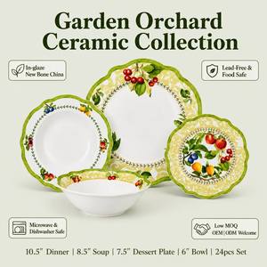 Service de table 24 pièces en porcelaine New Bone China In-glaze, motif Jardin et <span class=keywords><strong>Verger</strong></span>, bord festonné vert, assiettes et bols à motif de fruits pour 6 personnes - Product Image 2