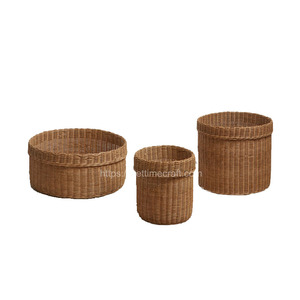 Lot de 3 paniers modernes en rotin naturel brun, bord pliable, artisanat en acier inoxydable, capacité 6-10L, vente en gros - Product Image 2
