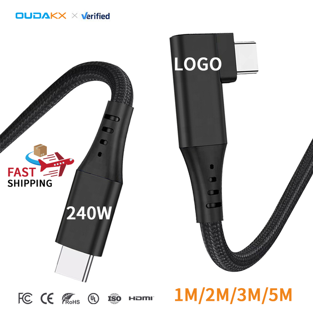 PD100W 90 Degree USB 3.2 Gen2 Type c Data Cables 3 Meters Braided Fast Charger Charging Cord Custom logo for Laptop Mobile Phone