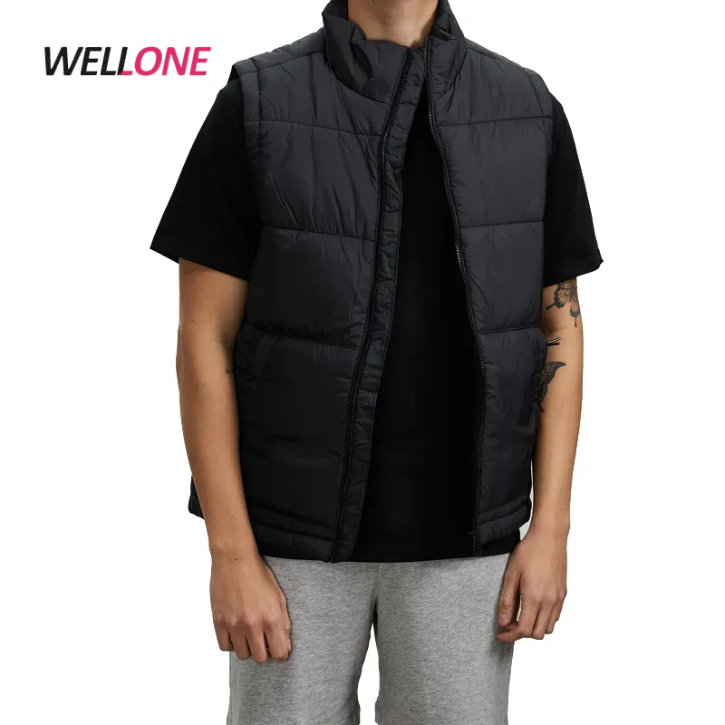 Custom Padded Puffer Vest Soft Quilted Down Feather Filling Zip Through High Stand Collar Black Sleeveless Men Puffer Jacket