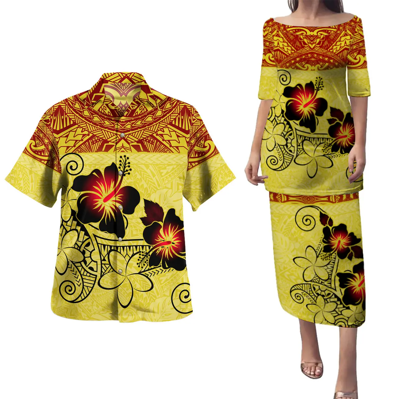 Hoa Dâm Bụt Màu Vàng Một Vai Dresses Hawaii Combo Puletasi Và Áo Sơ Mi Polynesian Tribal In Mens Áo Sơ Mi Trang Phục Chính Thức