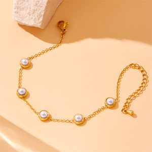 European American Fashion Pearl Jewelry <b>Set</b> Gold Chain Round Bezel Setting Women's Everyday Wear Necklace <b>Bracelet</b> Earrings - Product Image 3