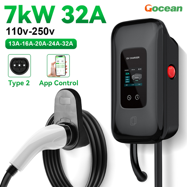 Gocean Smart 7KW EV Charger with APP Control Type1 Type 2 GBT Wallbox Electric Car Charging for Home Use CE TUV Certified