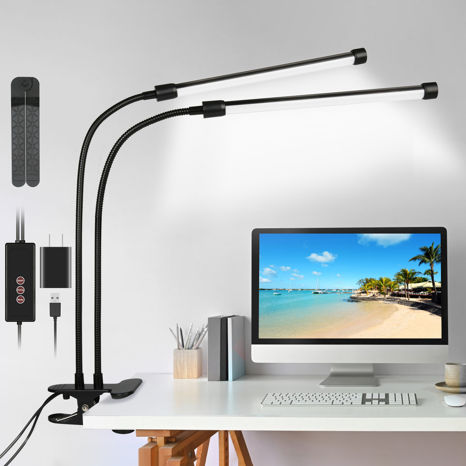 Upgraded Smart Delay Book Lamp Double Head Stepless Dimming Eye Protection Clip PVC Body Hot Selling Desk Lamp for Plant Growth
