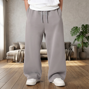 Pantalones Deportivos Anchos Grises, Corte Holgado, Cintura con Cordón, Pantalones Casuales para Correr, Unisex, Largos, Color Sólido, Material de Felpa - Product Image 3