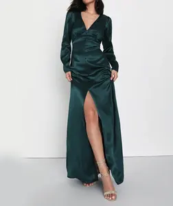 2023 Custom Green Satin Long Sleeve Maxi Elegant Dress For Women