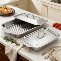 Plaque de cuisson rectangulaire en acier inoxydable avec couvercle, plat à poisson grillé domestique, ustensile de cuisine