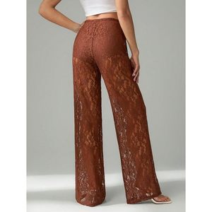 Women's Floral <b>Lace</b> Sheer Straight Leg Pants Natural Waist Club Wear - Product Image 2