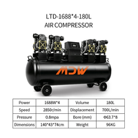 Compresseur d'air industriel portable à piston 180L à quatre moteurs, 6752W, 700L/min, sans huile, silencieux, refroidi par air, multi-tension AC