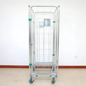 Warehouse Storage Collapsible Four Wheels Assembly Folding 4-sides Powder Coated Dolly Roll Cage Steel Hand Logistics Trolley