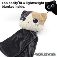 Coussin-plaid en polyester imitation fourrure de lapin, deux-en-un, motif tête de chat noir de dessin animé, housse de coussin de voiture, toutes saisons, style japonais