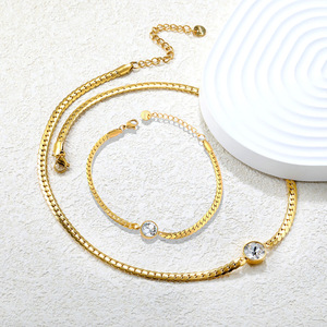 Stainless Steel Necklace And <b>Bracelet</b> <b>Set</b> With Oval Clear Stone Bezel Setting For Women Everyday Wear - Product Image 1