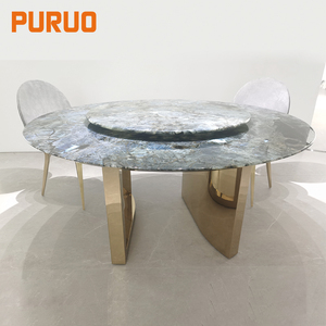 <span class=keywords><strong>Table</strong></span> à <span class=keywords><strong>manger</strong></span> Lazy Susan avec base en forme d'éventail dorée, <span class=keywords><strong>table</strong></span> à <span class=keywords><strong>manger</strong></span> ronde <span class=keywords><strong>tendance</strong></span> italienne de luxe avec plateau en pierre azur, mécanisme de plateau tournant - Product Image 1