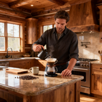Armoires de cuisine Shaker en chêne foncé sur mesure, design rustique style chalet, avec comptoir en bois à bords naturels pour projet de villa