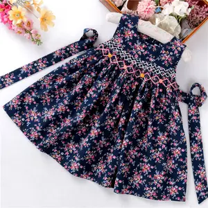 C2030766 kids dresses for girls smocked baby clothes pinkflower floral hand made children clothing 2-10 year