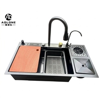 Évier de cuisine moderne à cuve unique en acier inoxydable 304 avec robinet cascade multifonctionnel à quatre trous