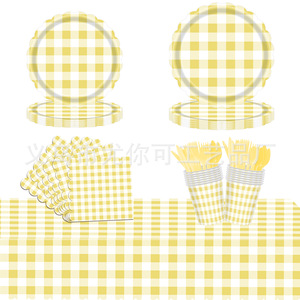 Yellow Plaid <b>Disposable</b> Party <b>Tableware</b> Set Plates Napkins Cutlery For Birthday Parties Decorations - Product Image 1
