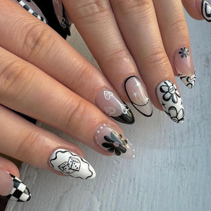 <span class=keywords><strong>Uñas</strong></span> Postizas Largas en Forma de Almendra, Estilo Retro Graffiti en Blanco <span class=keywords><strong>y</strong></span> Negro con Diseños de Dados <span class=keywords><strong>y</strong></span> Flores, Venta al Por Mayor - Product Image 1