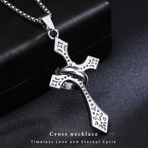 스테인리스 스틸 패턴 십자가 목걸이와 반지, 남녀 공용 종교 장신구 - Product Image 1