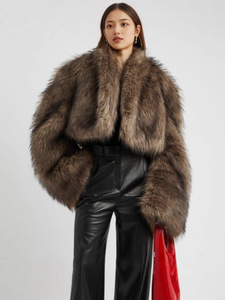 Tinh hoa của phụ nữ Fluffy sang trọng thỏ Áo khoác lông ngắn thời trang giả lông thú với ve áo lớn dệt và nhuộm - Product Image 3