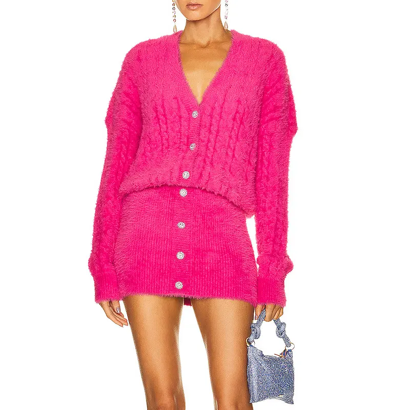 Winter High Quality Custom Fuzzy V Neck Sexy Knitted Long Sleeve Mini Sweater Dress for Women