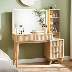 Natural <strong>Walnut</strong> Wood Dresser <strong>Table</strong> Vanity Bedroom Drawers <strong>Dressing</strong> <strong>Table</strong> With Side Cabinet and Lighted Mirror - Product Image 2