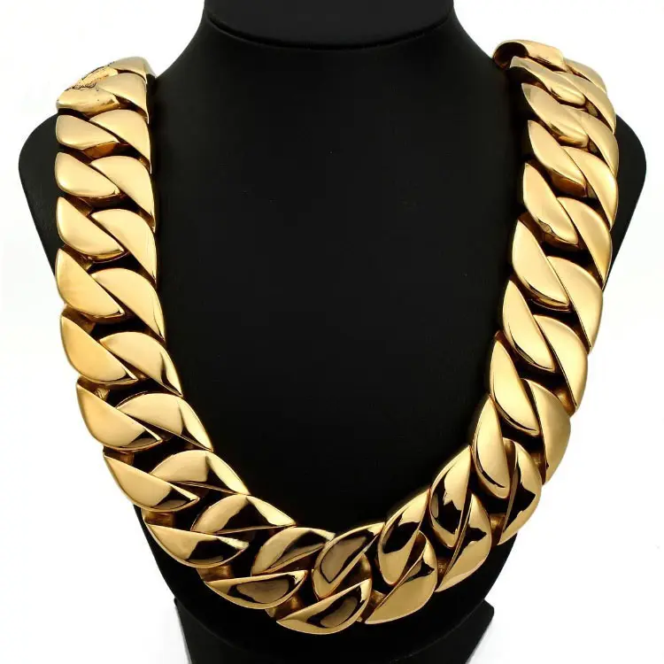 mens 32mm large heavy polished stainless steel 14k 18k 24k gold thick chunky cuban curb chain link necklace