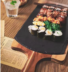 Bandeja para servir bistec de madera de acacia de alta calidad con pizarra a prueba de altas temperaturas y mango mental delicado para Cocina - Product Image 3