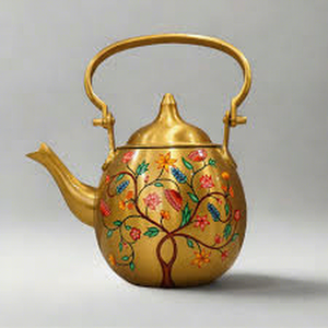 Théière en métal doré avec motif floral, style oriental, avec couvercle et poignée - Product Image 2