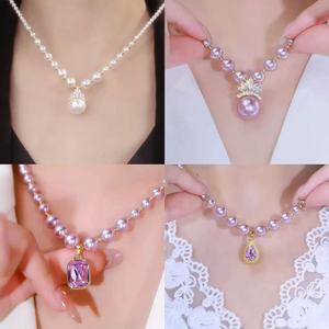Exquisito y lujoso collar de perlas cuadradas de circonita púrpura. Elegante Collar de Perlas Moradas para Venta al por Mayor. - Product Image 2