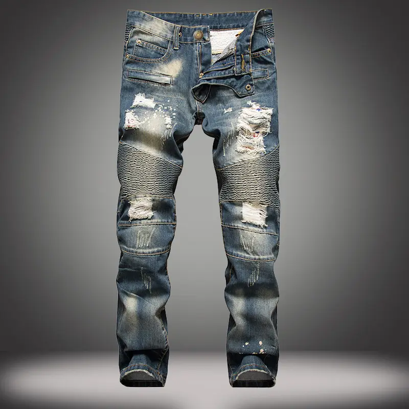 Yihao नई डिजाइन mens पहनने चिथड़े ज़िपित pleated व्यथित फट जीन्स