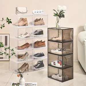 Foldable Magnet Folding Plastic Shoe Storage Rack Integrated High Shoes Cabinet Side-opening Transparent Shoe Storage Box