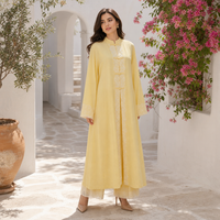 Ensemble 2 pièces modeste Loriya avec boutons mandarin, dentelle et bordure Abaya, long cardigan ouvert, tenue musulmane, 4 couleurs, 100% coton slub